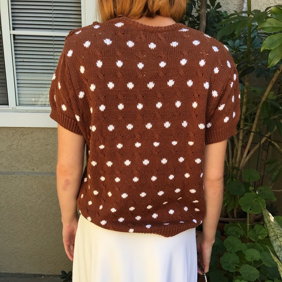 WORTHINGTON Vintage White Polka Dot Ramie Cotton Knit Shirt Short Sleeve Sweater - Picture 6 of 13